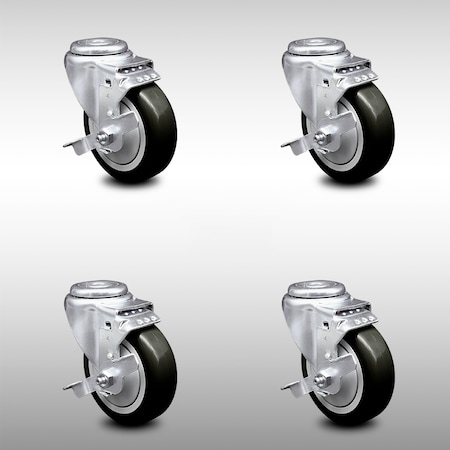 Service Caster 4 Inch SS Black Polyurethane Wheel Swivel Bolt Hole Caster Set with Brake SCC SCC-SSBH20S414-PPUB-BLK-TLB-4